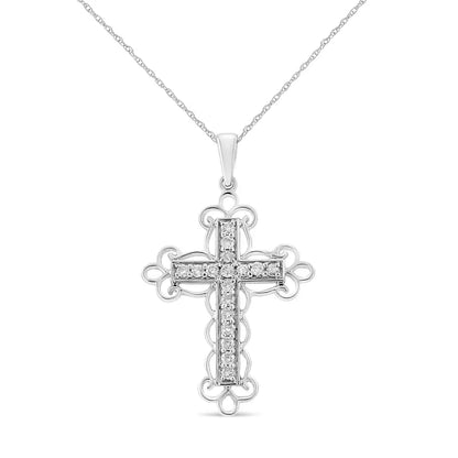 .925 Sterling Silver 1/4 Cttw Round Cut Diamond Art Deco Style Cross 18’’ Pendant Necklace (j-k Color I2-i3