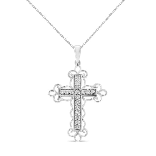 .925 Sterling Silver 1/4 Cttw Round Cut Diamond Art Deco Style Cross 18’’ Pendant Necklace (j-k Color I2-i3