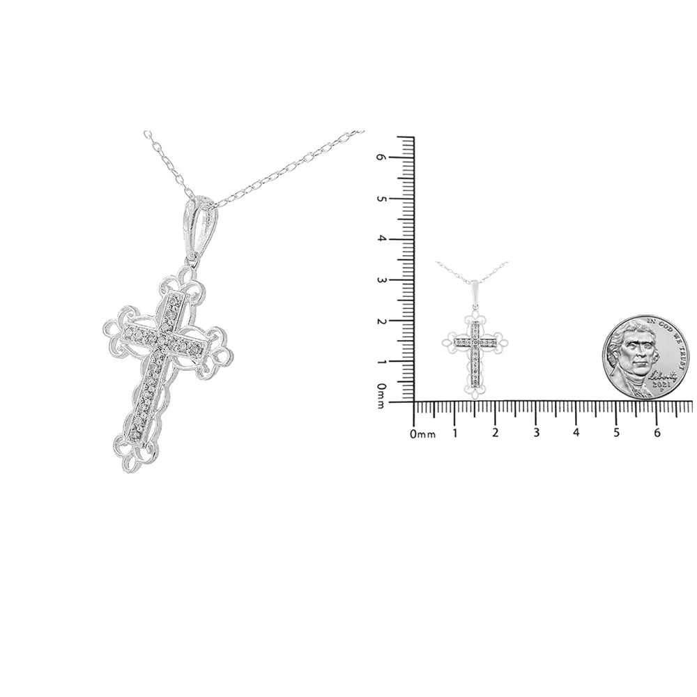 .925 Sterling Silver 1/4 Cttw Round Cut Diamond Art Deco Style Cross 18’’ Pendant Necklace (j-k Color I2-i3