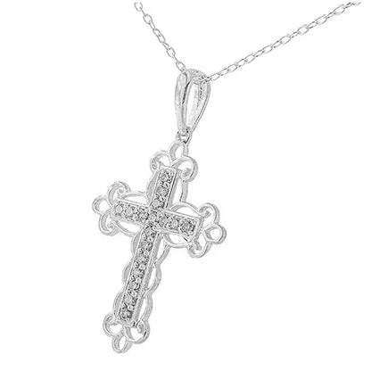 .925 Sterling Silver 1/4 Cttw Round Cut Diamond Art Deco Style Cross 18’’ Pendant Necklace (j-k Color I2-i3