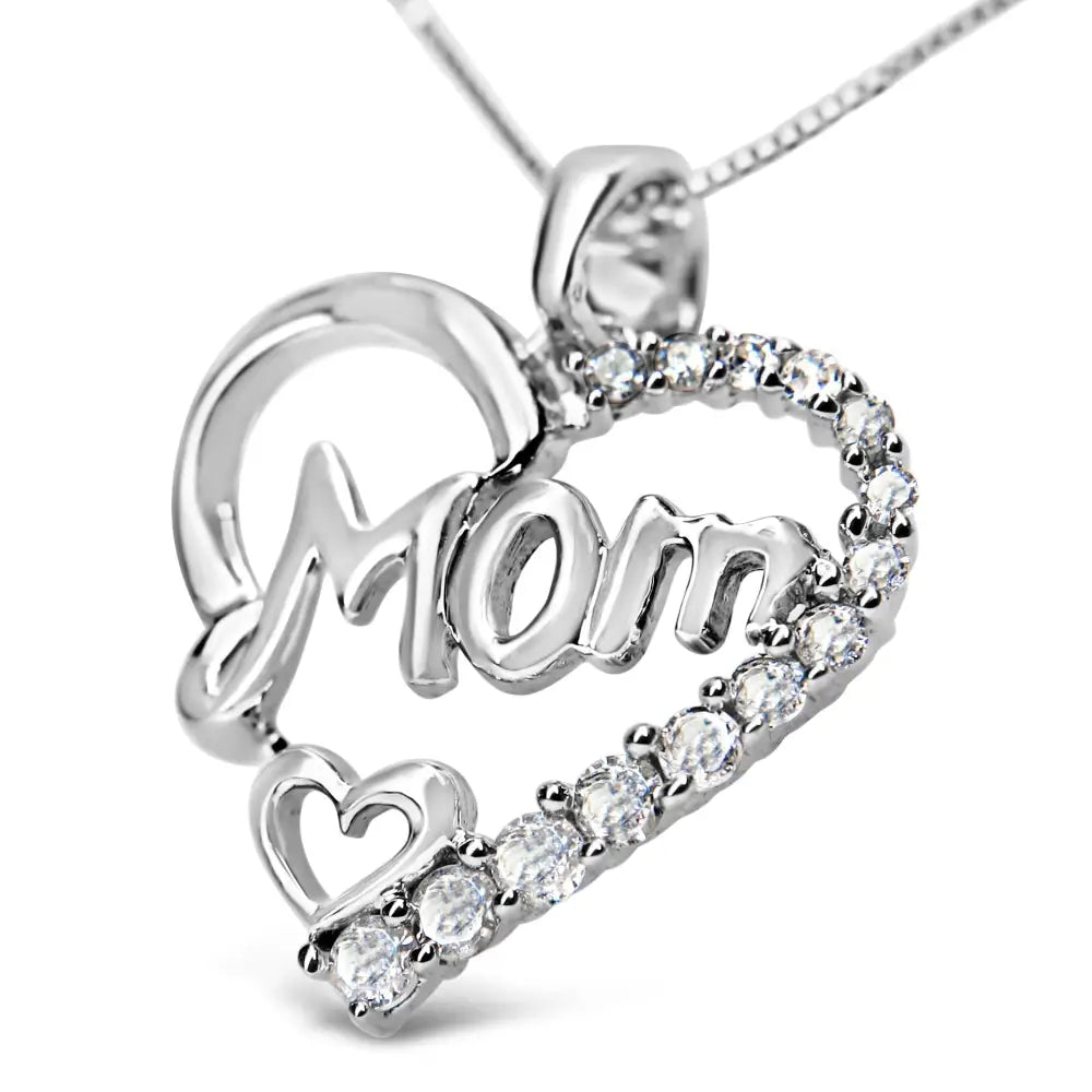 .925 Sterling Silver 1/4 Cttw Round Diamond ?Mom’ Heart Pendant 18’’ Necklace (i-j Color I3 Clarity) - Fine