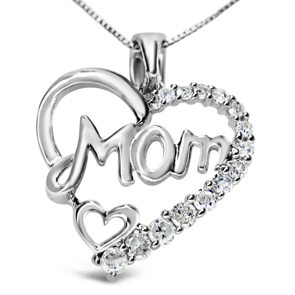 .925 Sterling Silver 1/4 Cttw Round Diamond ?Mom’ Heart Pendant 18’’ Necklace (i-j Color I3 Clarity) - Fine