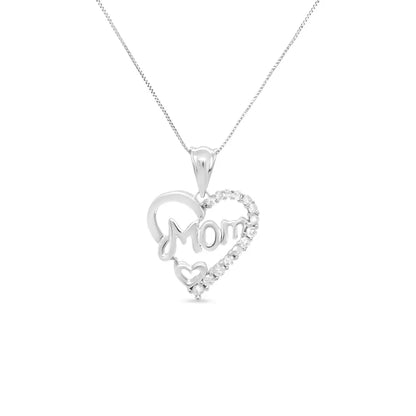 .925 Sterling Silver 1/4 Cttw Round Diamond ?Mom’ Openwork Heart Pendant 18’’ Necklace (i-j Color I2-i3 Clarity)