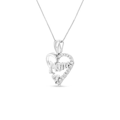 .925 Sterling Silver 1/4 Cttw Round Diamond ?Mom’ Openwork Heart Pendant 18’’ Necklace (i-j Color I2-i3 Clarity)