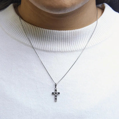 .925 Sterling Silver 1/4 Cttw Round Natural Treated Black and White Diamond Cross Pendant Necklace (black I-j Color I3