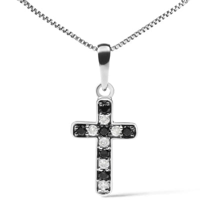 .925 Sterling Silver 1/4 Cttw Round Natural Treated Black and White Diamond Cross Pendant Necklace (black I-j Color I3