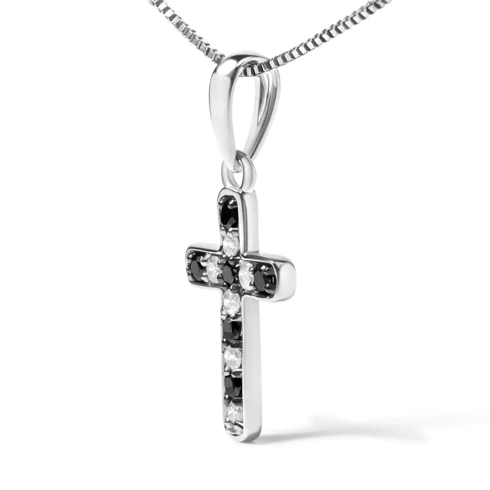 .925 Sterling Silver 1/4 Cttw Round Natural Treated Black and White Diamond Cross Pendant Necklace (black I-j Color I3