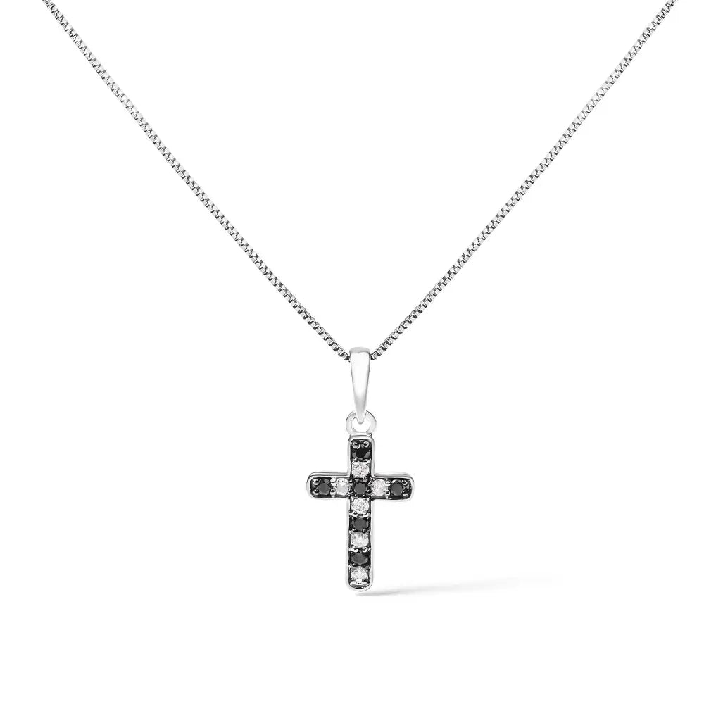 .925 Sterling Silver 1/4 Cttw Round Natural Treated Black and White Diamond Cross Pendant Necklace (black I-j Color I3