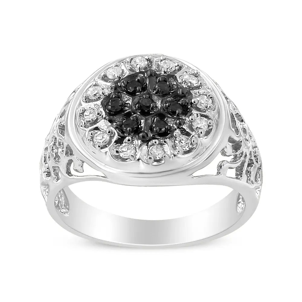 .925 Sterling Silver 1/4 Cttw White and Black Treated Diamond Halo Cluster Ring for Men (i-j Color I3 Clarity) - Fine