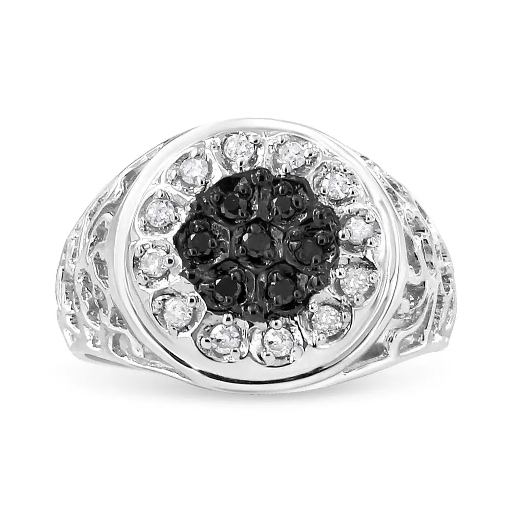 .925 Sterling Silver 1/4 Cttw White and Black Treated Diamond Halo Cluster Ring for Men (i-j Color I3 Clarity) - Fine