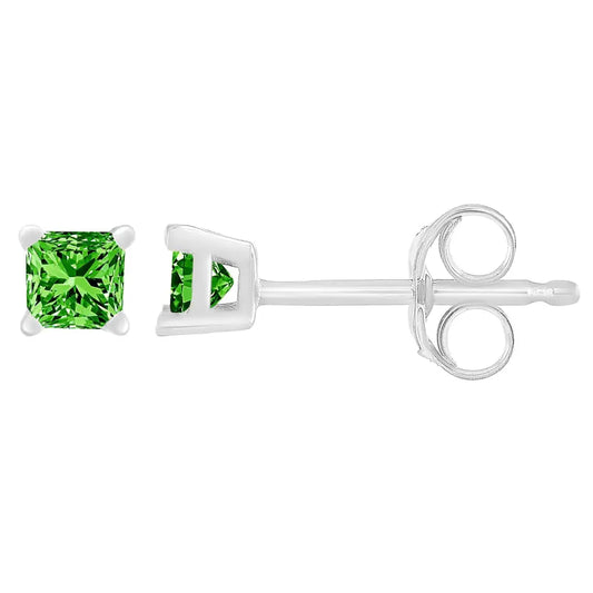 .925 Sterling Silver 1/5 Cttw Princess-cut Square Green Diamond Stud Earrings (fancy Color-enhanced I2-i3 Clarity)