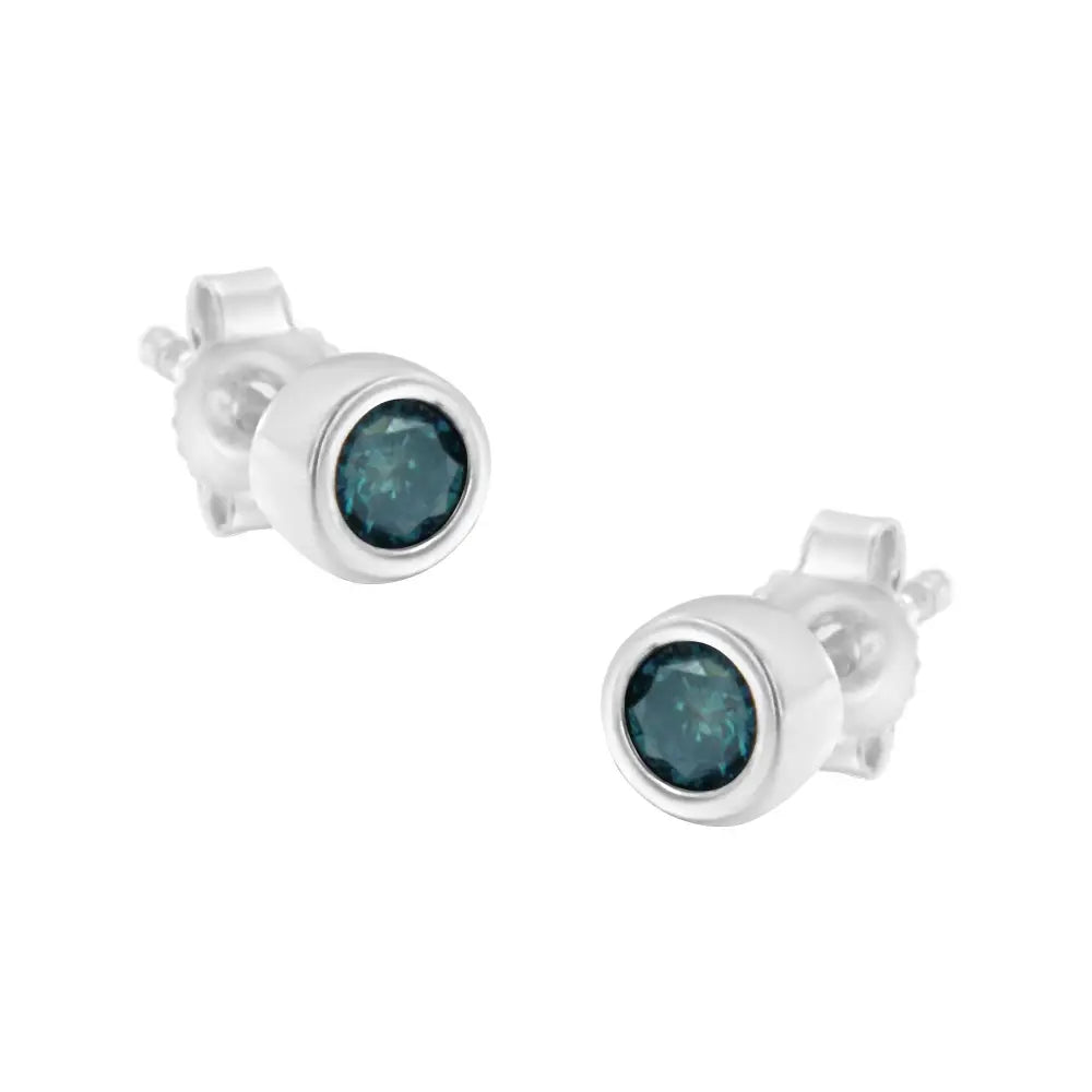 .925 Sterling Silver 1/5 Cttw Round Brilliant-cut Blue Diamond Bezel-set Stud Earrings (fancy Color-enhanced I2-i3