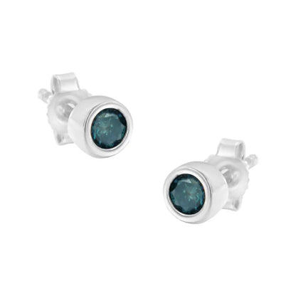 .925 Sterling Silver 1/5 Cttw Round Brilliant-cut Blue Diamond Bezel-set Stud Earrings (fancy Color-enhanced I2-i3