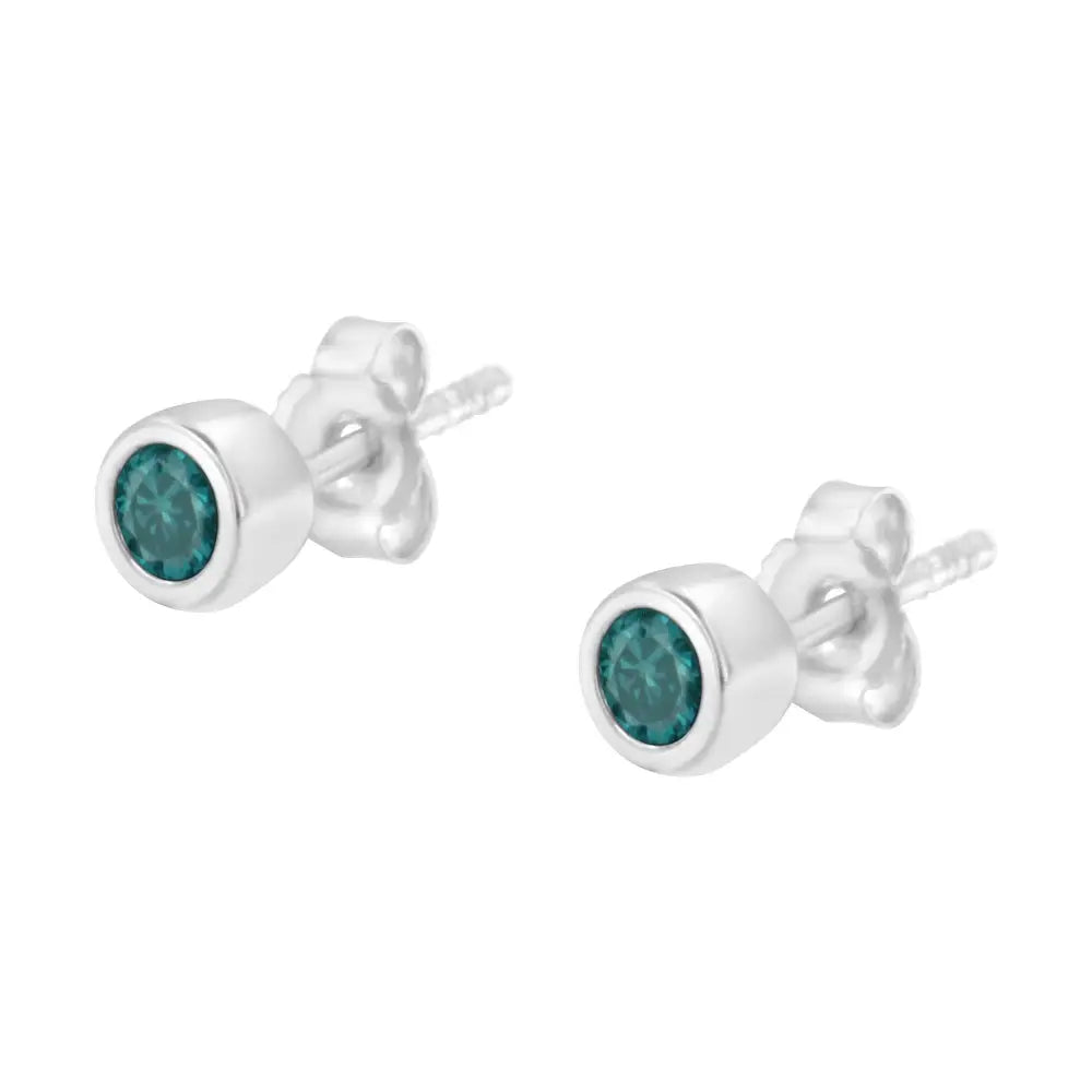 .925 Sterling Silver 1/5 Cttw Round Brilliant-cut Blue Diamond Bezel-set Stud Earrings (fancy Color-enhanced I2-i3