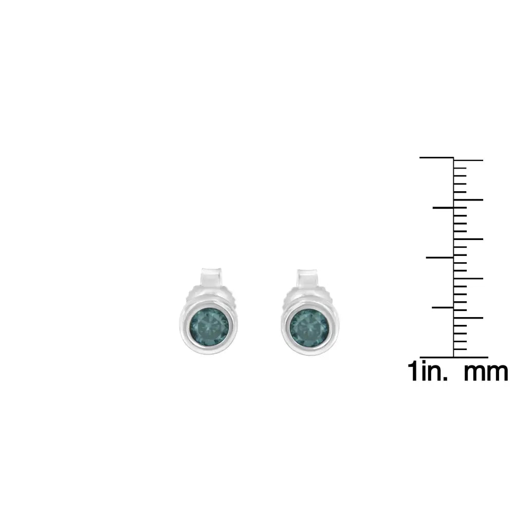 .925 Sterling Silver 1/5 Cttw Round Brilliant-cut Blue Diamond Bezel-set Stud Earrings (fancy Color-enhanced I2-i3