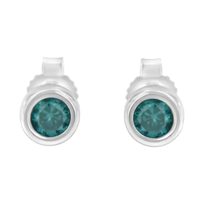 .925 Sterling Silver 1/5 Cttw Round Brilliant-cut Blue Diamond Bezel-set Stud Earrings (fancy Color-enhanced I2-i3