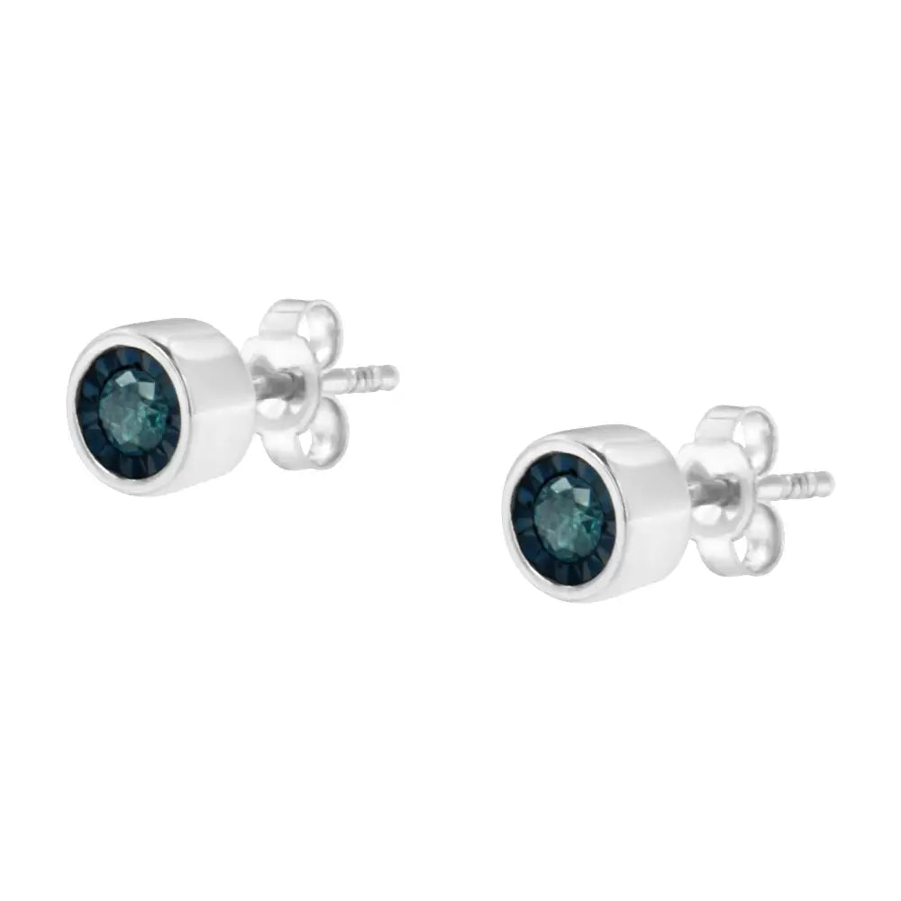 .925 Sterling Silver 1/5 Cttw Round Brilliant-cut Blue Diamond Miracle-set Stud Earrings (fancy Color-enhanced I2-i3