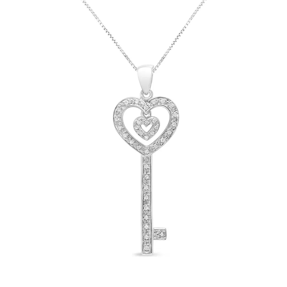 .925 Sterling Silver 1/5 Cttw Round-cut Diamond Double Heart & Key 18’’ Pendant Necklace (i-j Color I3 Clarity)