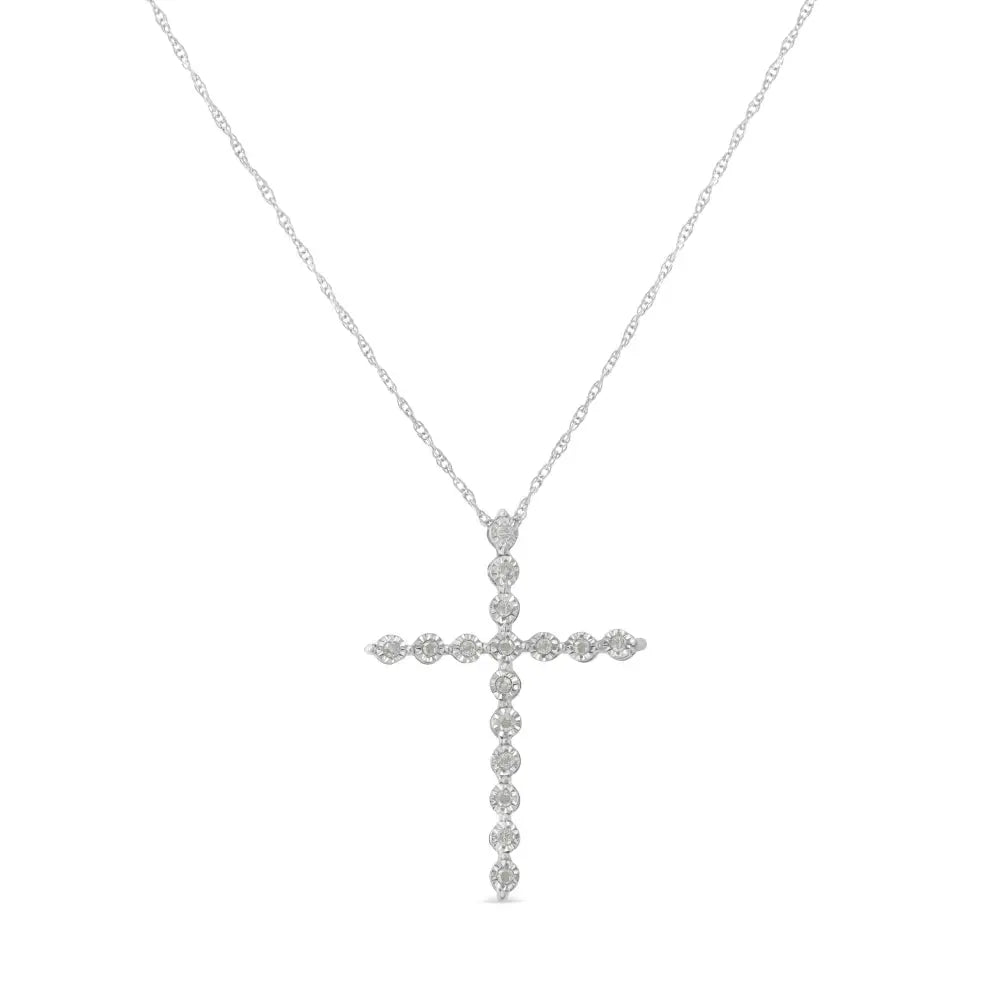 .925 Sterling Silver 1/6 Cttw Brilliant-cut Diamond Miracle-set Shared Prong Cross 18’’ Pendant Necklace (i-j Color