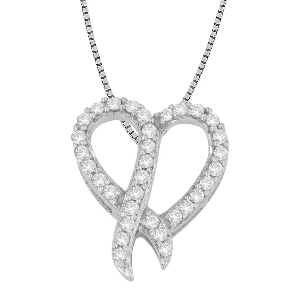 .925 Sterling Silver 1/6 Cttw Diamond Awareness Ribbon & Heart Pendant Necklace (i-j Color I1-i2 Clarity) - Fine