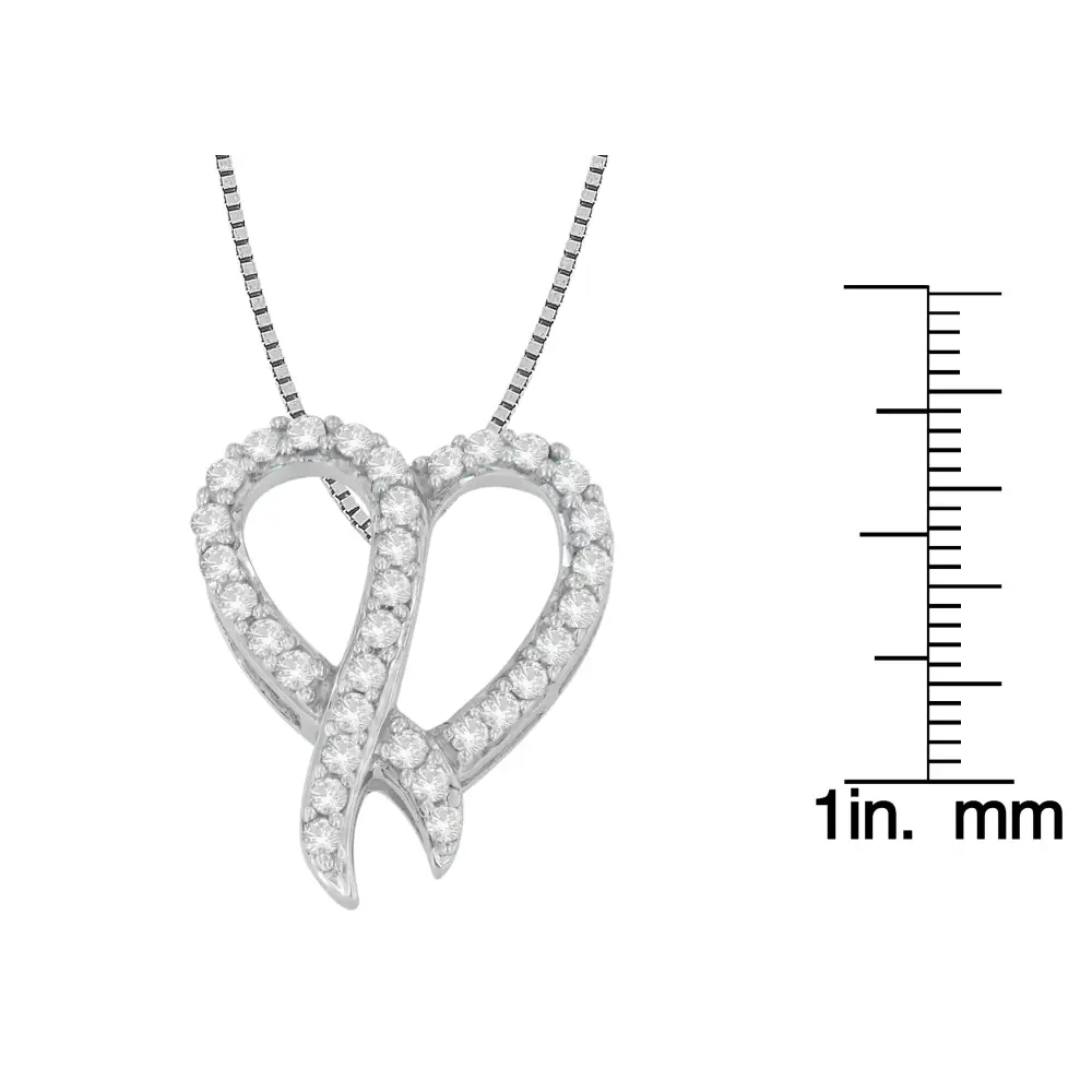 .925 Sterling Silver 1/6 Cttw Diamond Awareness Ribbon & Heart Pendant Necklace (i-j Color I1-i2 Clarity) - Fine