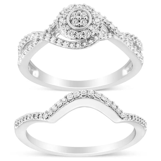 .925 Sterling Silver 1/6 Cttw Diamond Composite Halo and Split Shank Bridal Set Ring Band (i-j Color I3 Clarity) - Fine