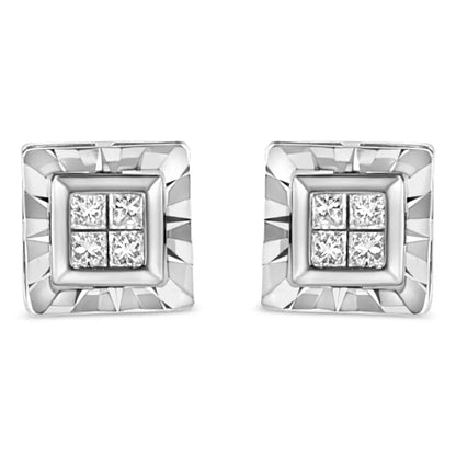 .925 Sterling Silver 1/6 Cttw Invisible Set Princess-cut Diamond Quad Composite Stud Earrings (h-i Color I1-i2 Clarity)