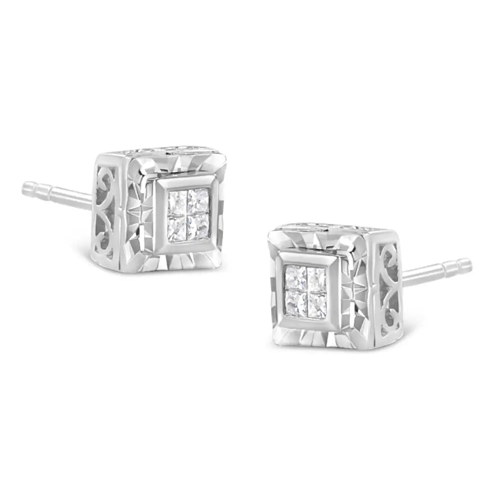 .925 Sterling Silver 1/6 Cttw Invisible Set Princess-cut Diamond Quad Composite Stud Earrings (h-i Color I1-i2 Clarity)