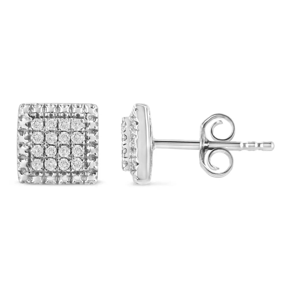 .925 Sterling Silver 1/6 Cttw Round-cut Diamond Cluster Square Shaped Stud Earrings (i-j Color I2-i3 Clarity) - Fine