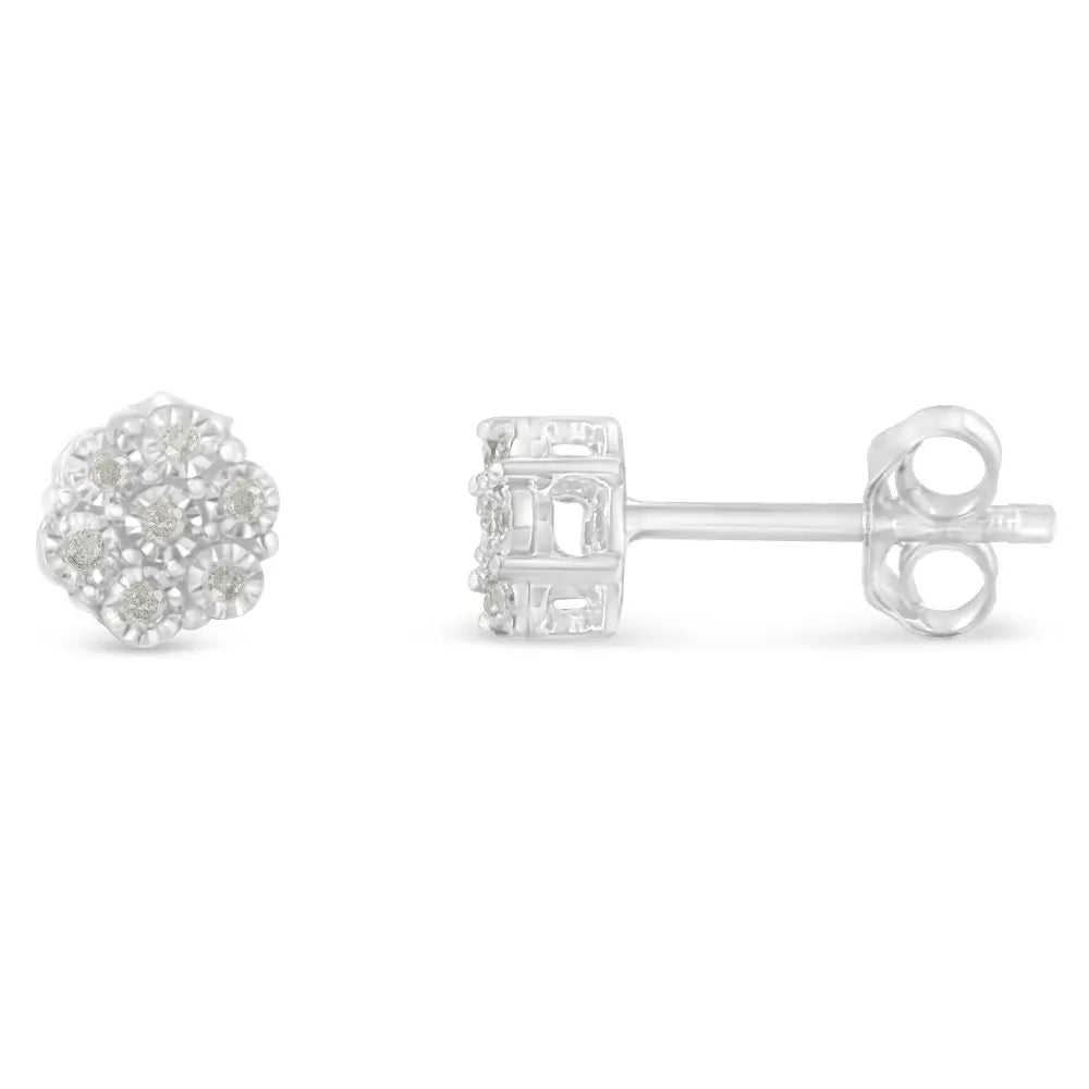 .925 Sterling Silver 1/6 Cttw Round-cut Diamond Miracle-set Floral Cluster Button Stud Earrings (i-j Color I2-i3