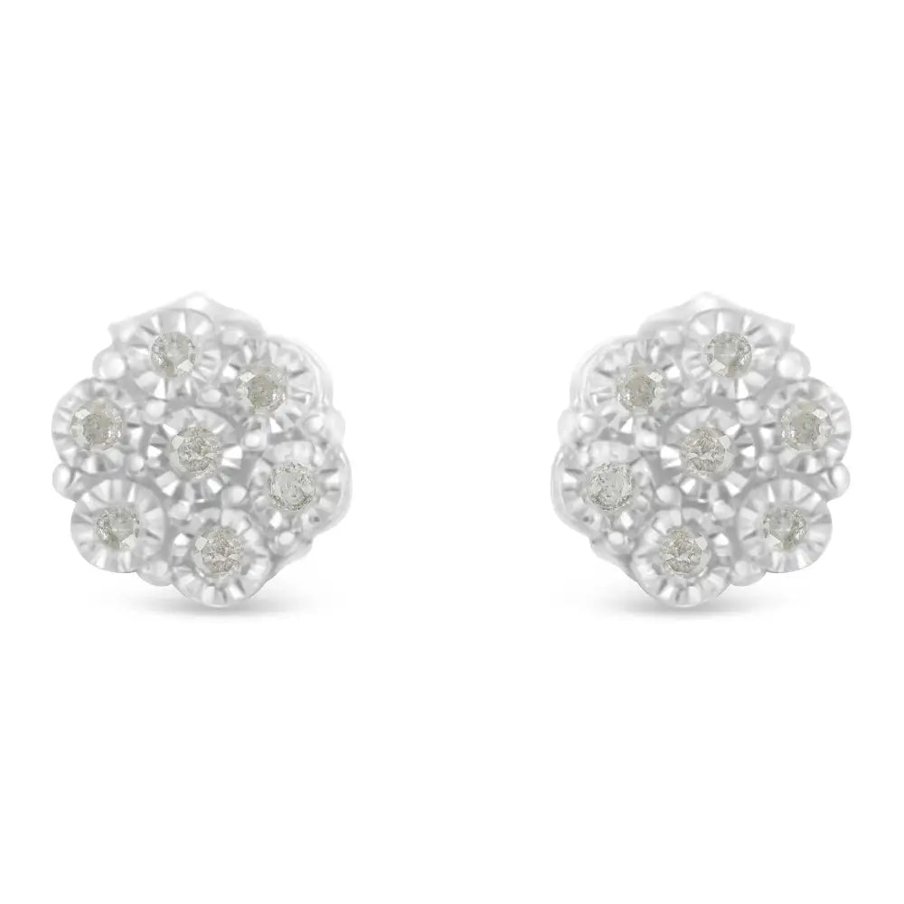 .925 Sterling Silver 1/6 Cttw Round-cut Diamond Miracle-set Floral Cluster Button Stud Earrings (i-j Color I2-i3