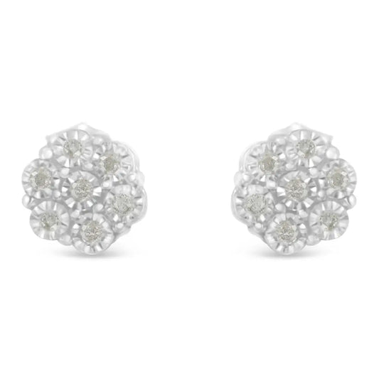 .925 Sterling Silver 1/6 Cttw Round-cut Diamond Miracle-set Floral Cluster Button Stud Earrings (i-j Color I2-i3