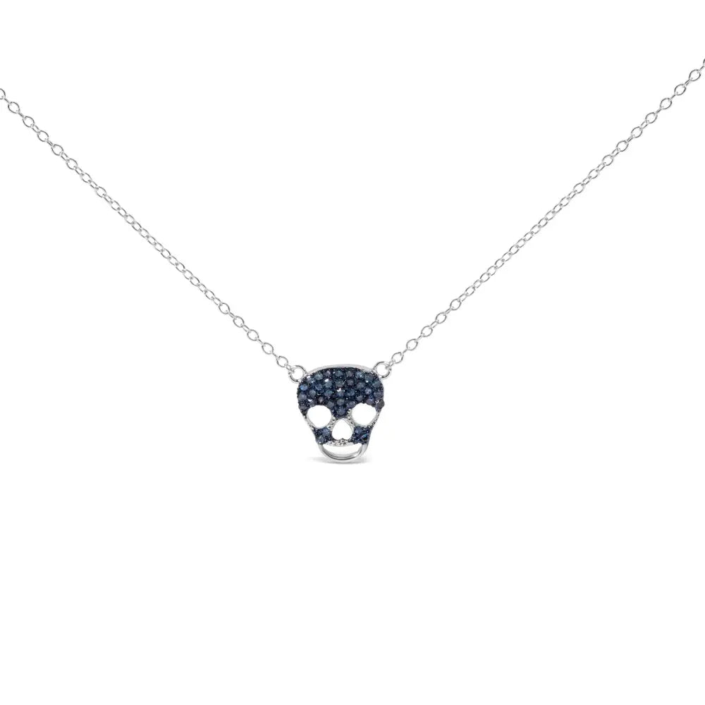 .925 Sterling Silver 1/7 Cttw Blue Diamond Skull Pendant Necklace (blue Color Si1-si2 Clarity) - 18’’ Inches - Fine