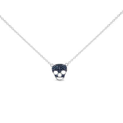 .925 Sterling Silver 1/7 Cttw Blue Diamond Skull Pendant Necklace (blue Color Si1-si2 Clarity) - 18’’ Inches - Fine