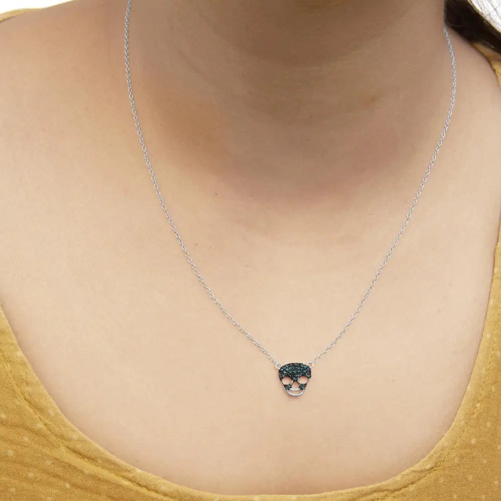 .925 Sterling Silver 1/7 Cttw Blue Diamond Skull Pendant Necklace (blue Color Si1-si2 Clarity) - 18’’ Inches - Fine