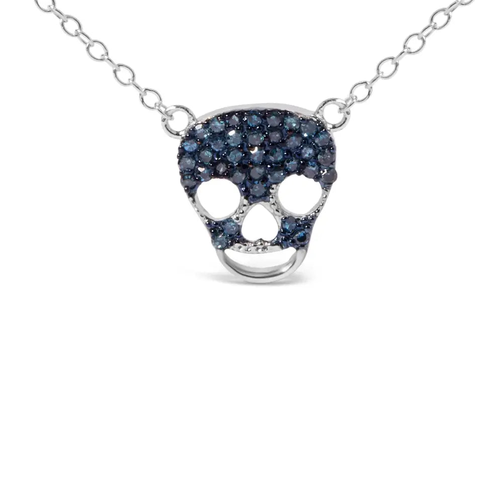 .925 Sterling Silver 1/7 Cttw Blue Diamond Skull Pendant Necklace (blue Color Si1-si2 Clarity) - 18’’ Inches - Fine