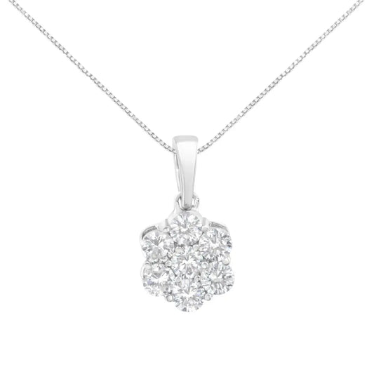 .925 Sterling Silver 1 Cttw Diamond 7 Stone Flower Cluster 18’’ Pendant Necklace (i-j Clarity I1-i2 Color) - Fine