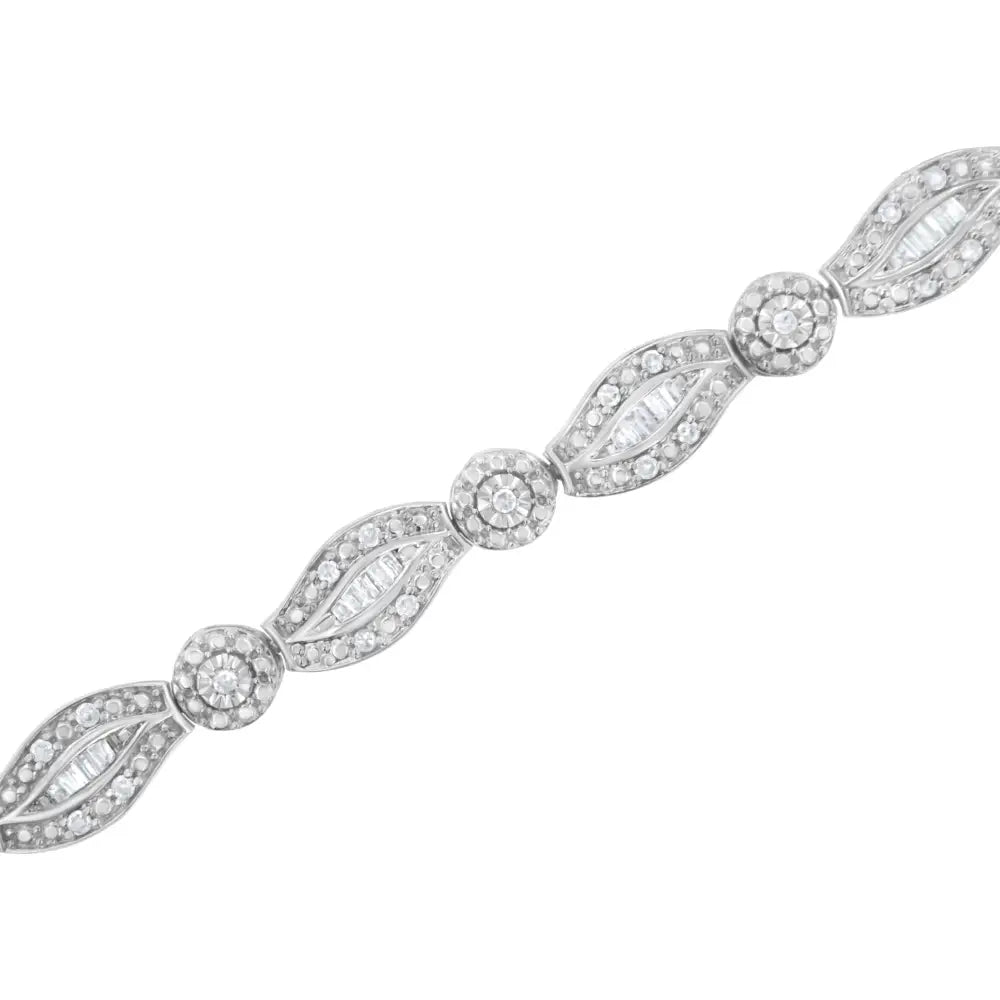 .925 Sterling Silver 1 Cttw Diamond Double Leaf and Bezel Link Bracelet (i-j Clarity I2-i3 Color) - Size 7.25’’