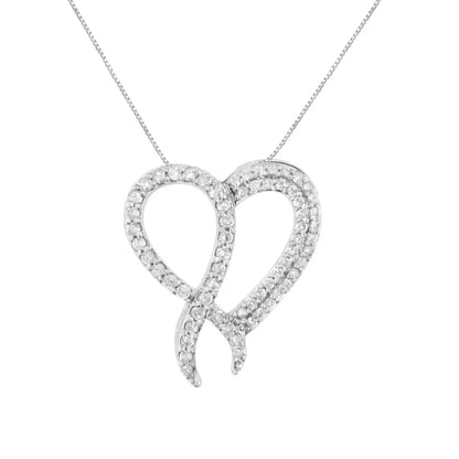 .925 Sterling Silver 1 Cttw Diamond Heart and Ribbon 18’’ Pendant Necklace (i-j Clarity I2-i3 Color) - Fine Jewelry