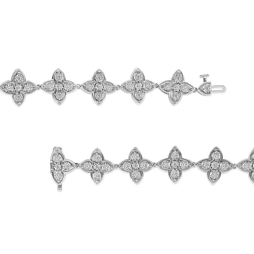 .925 Sterling Silver 1 Cttw Miracle-set Diamond 4 Leaf Clover Link Bracelet (i-j Clarity I3 Color) - Size 7.25’’