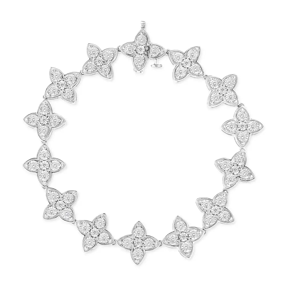 .925 Sterling Silver 1 Cttw Miracle-set Diamond 4 Leaf Clover Link Bracelet (i-j Clarity I3 Color) - Size 7.25’’