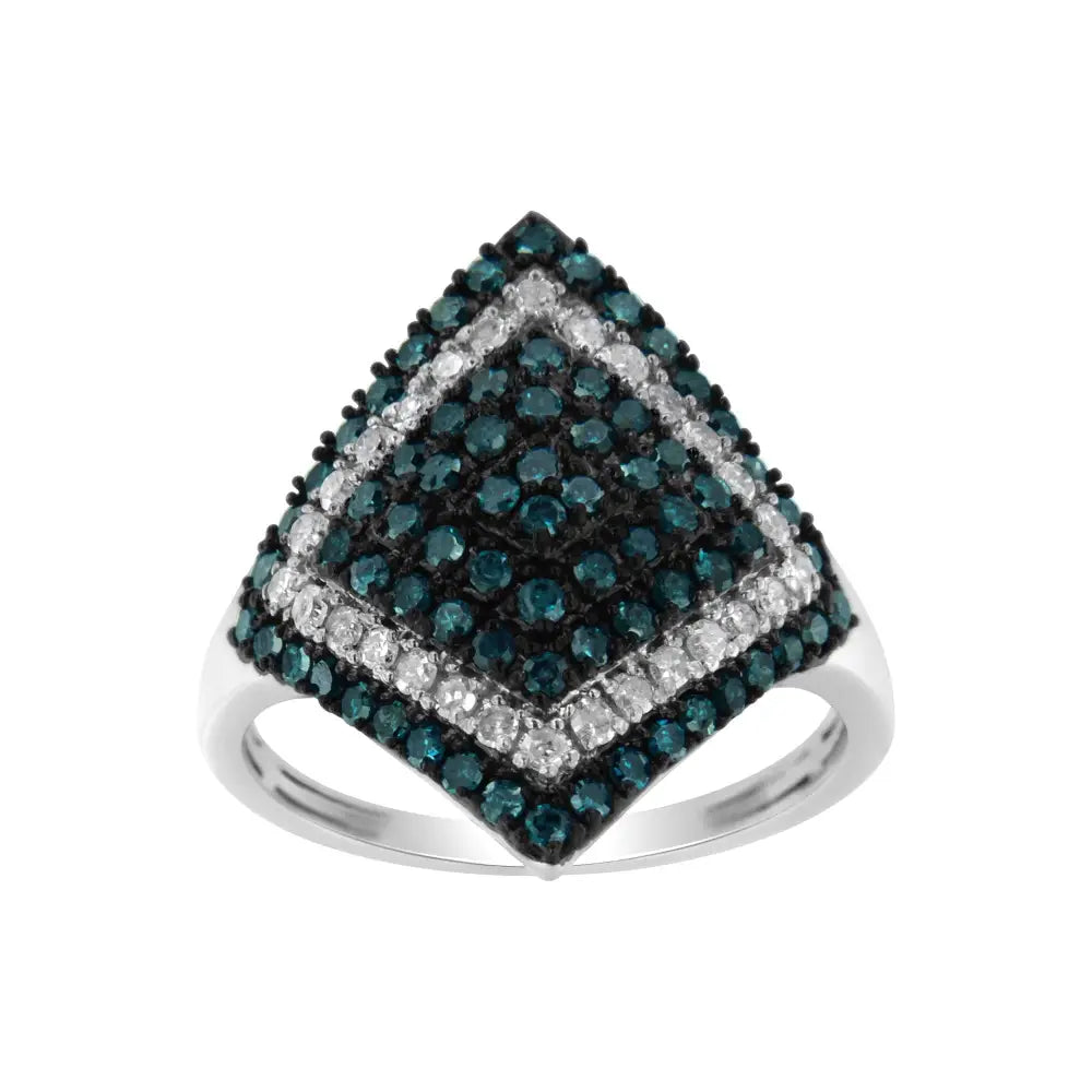 .925 Sterling Silver 1 Cttw White and Treated Blue Diamond Rhombus Cocktail Ring (blue I3) - Fine Jewelry us Direct