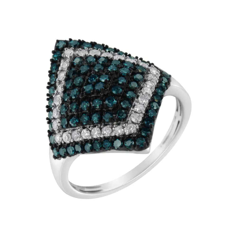 .925 Sterling Silver 1 Cttw White and Treated Blue Diamond Rhombus Cocktail Ring (blue I3) - Fine Jewelry us Direct