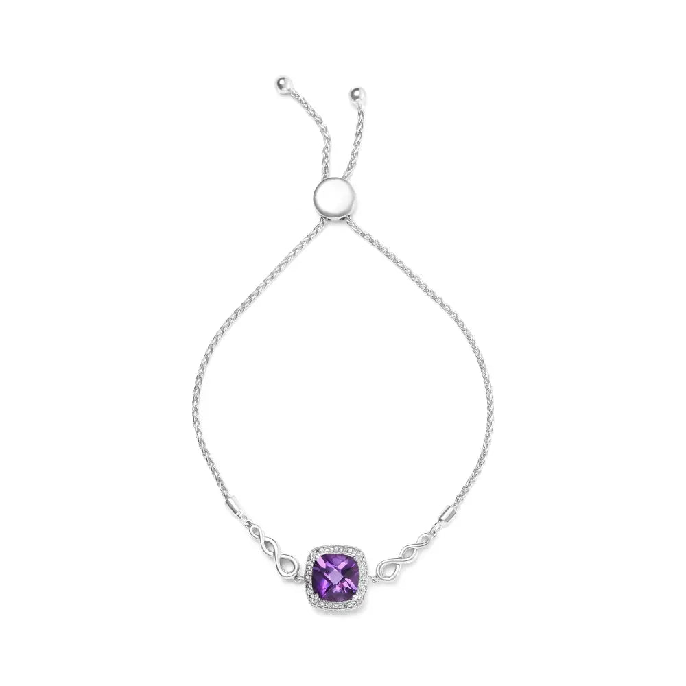 .925 Sterling Silver 10mm Cushion Cut Amethyst Gemstone and Diamond Accent Lariat 4”-10” Adjustable Bolo Bracelet