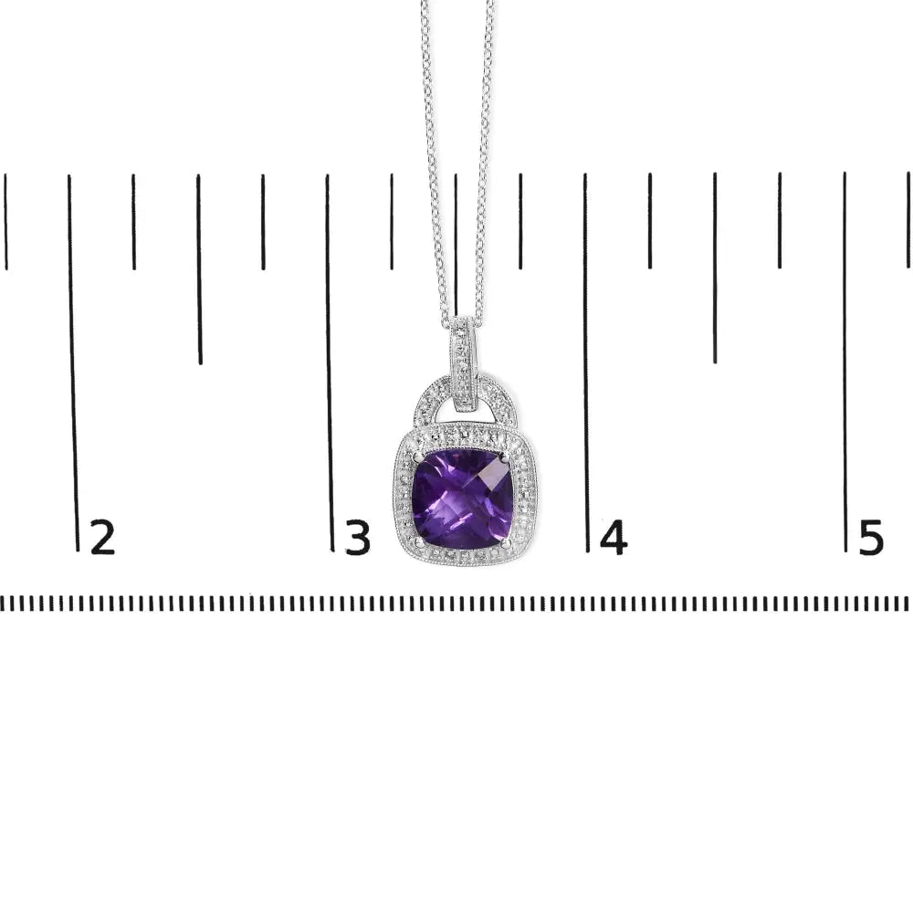 .925 Sterling Silver 10x10 Mm Cushion Purple Amethyst and Diamond Accent Halo 18’’ Pendant Necklace (i-j Color