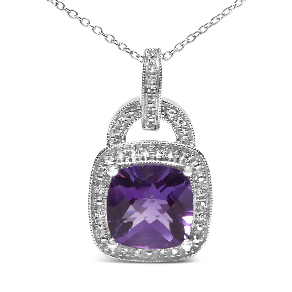 .925 Sterling Silver 10x10 Mm Cushion Purple Amethyst and Diamond Accent Halo 18’’ Pendant Necklace (i-j Color