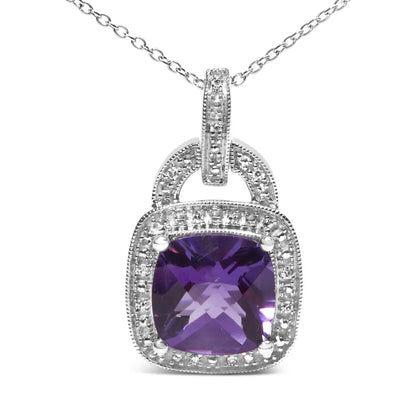 .925 Sterling Silver 10x10 Mm Cushion Purple Amethyst and Diamond Accent Halo 18’’ Pendant Necklace (i-j Color