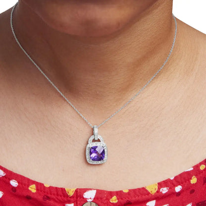 .925 Sterling Silver 10x10 Mm Cushion Purple Amethyst and Diamond Accent Halo 18’’ Pendant Necklace (i-j Color