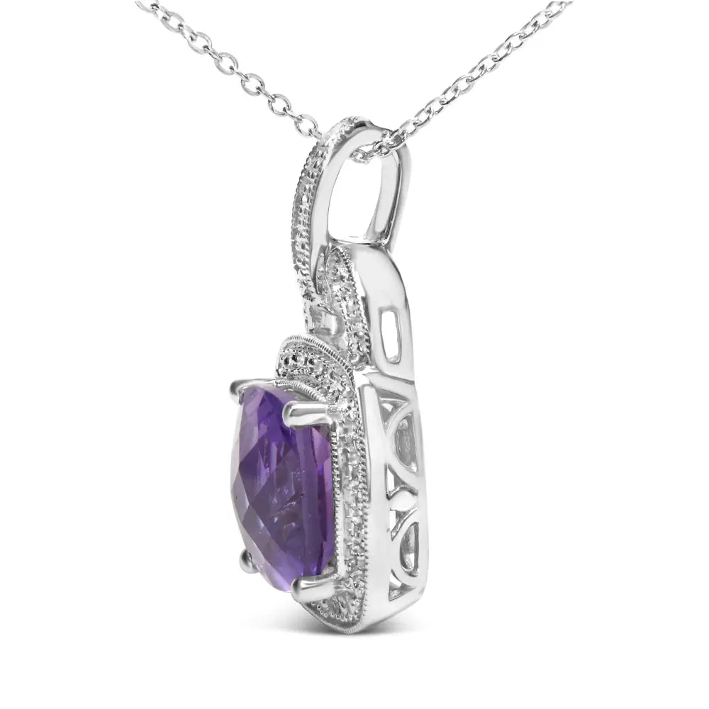 .925 Sterling Silver 10x10 Mm Cushion Purple Amethyst and Diamond Accent Halo 18’’ Pendant Necklace (i-j Color