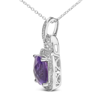 .925 Sterling Silver 10x10 Mm Cushion Purple Amethyst and Diamond Accent Halo 18’’ Pendant Necklace (i-j Color